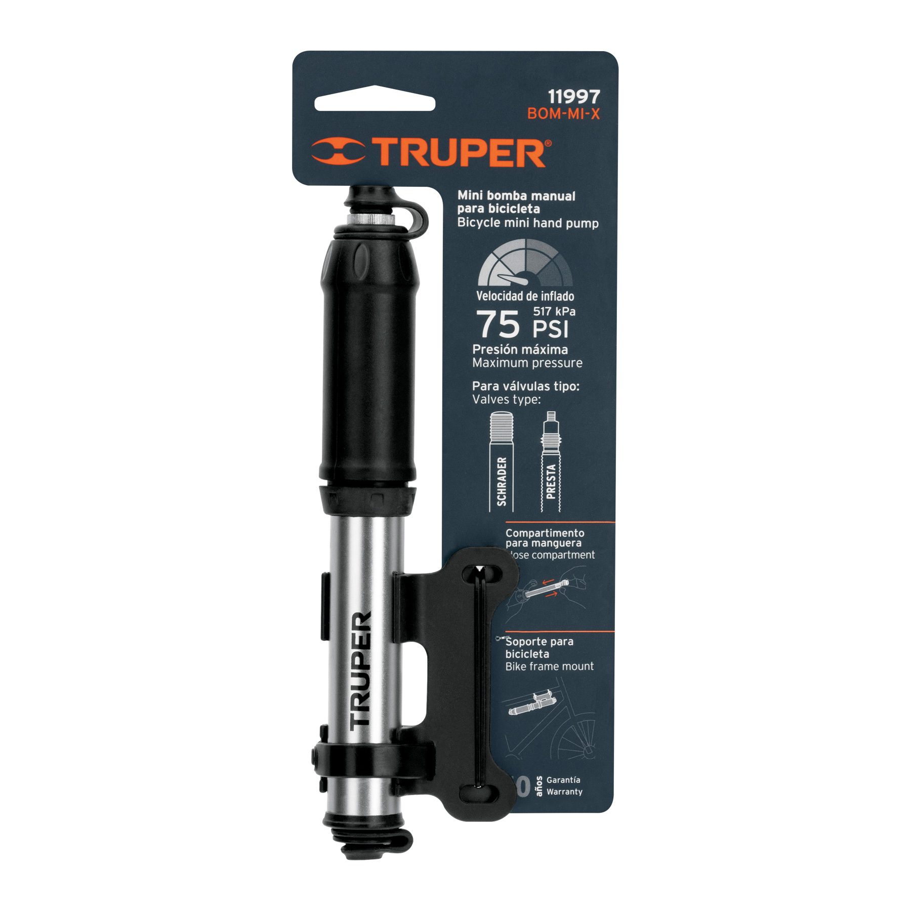 Mini bomba manual para bicicleta, abatible, 75 PSI, TRUPER - Image 2