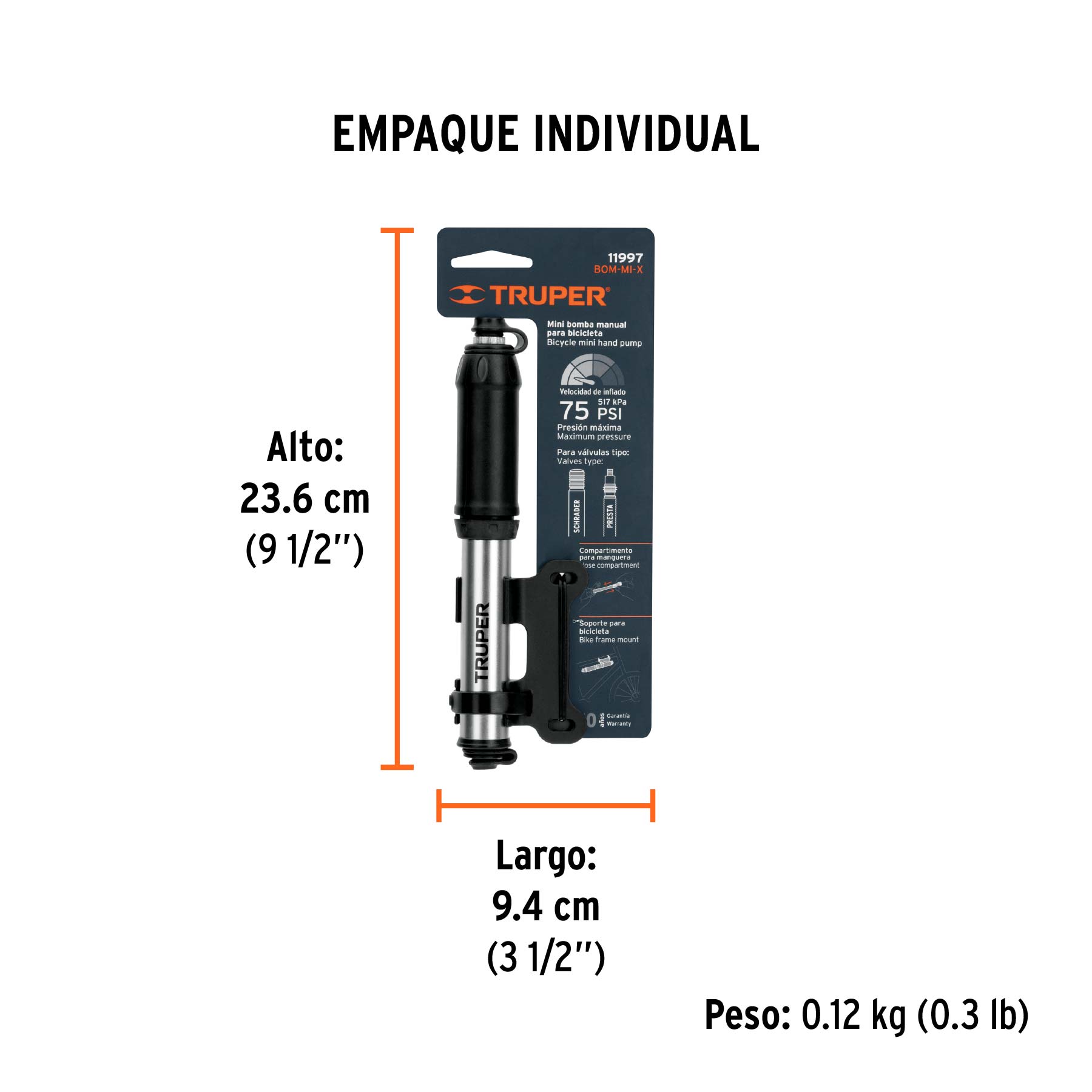 Mini bomba manual para bicicleta, abatible, 75 PSI, TRUPER - Image 7