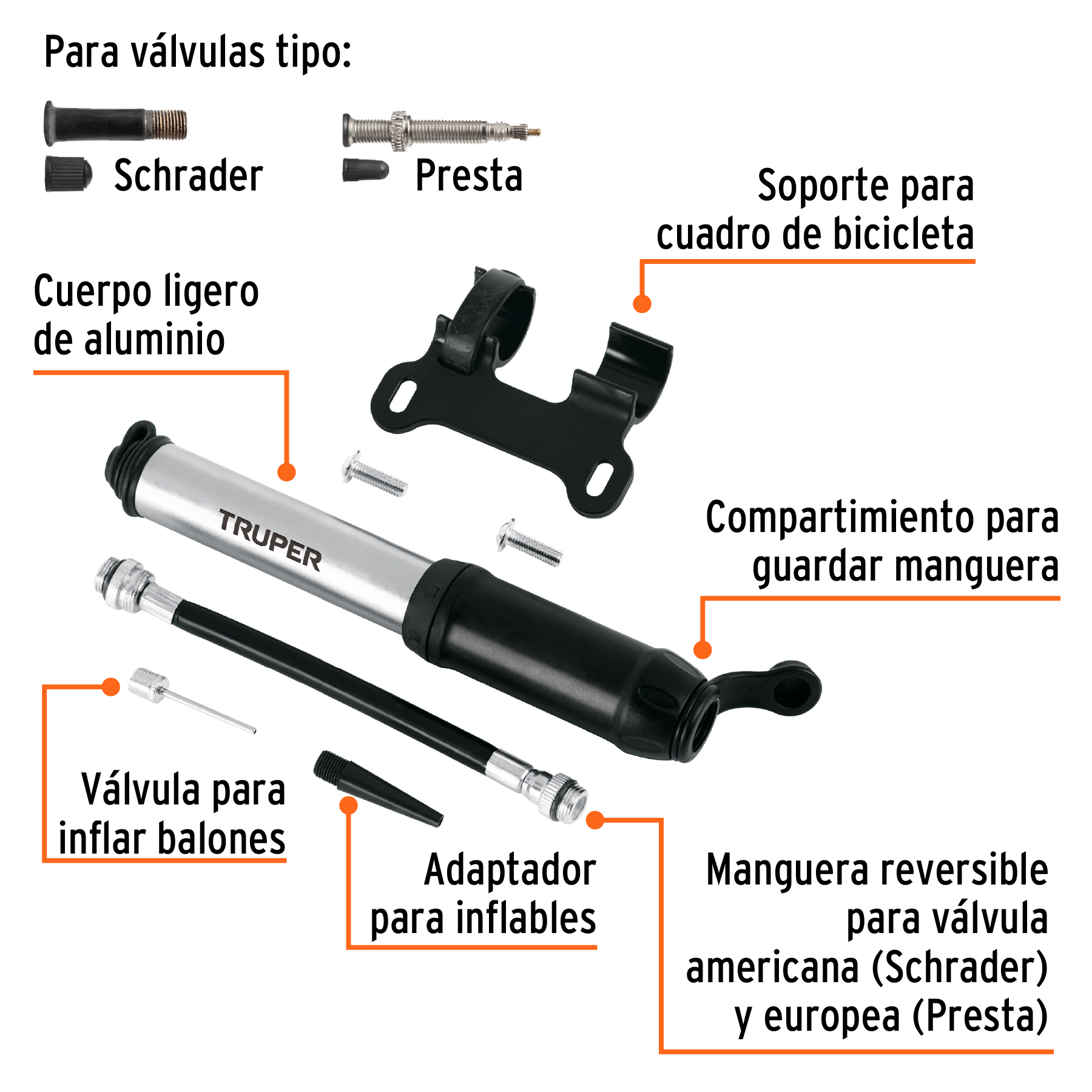 Mini bomba manual para bicicleta, abatible, 75 PSI, TRUPER - Image 4